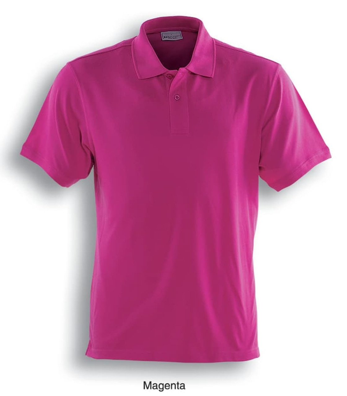 A magenta men's classic polo shirt with a collar and short sleeves, featuring a logo.
