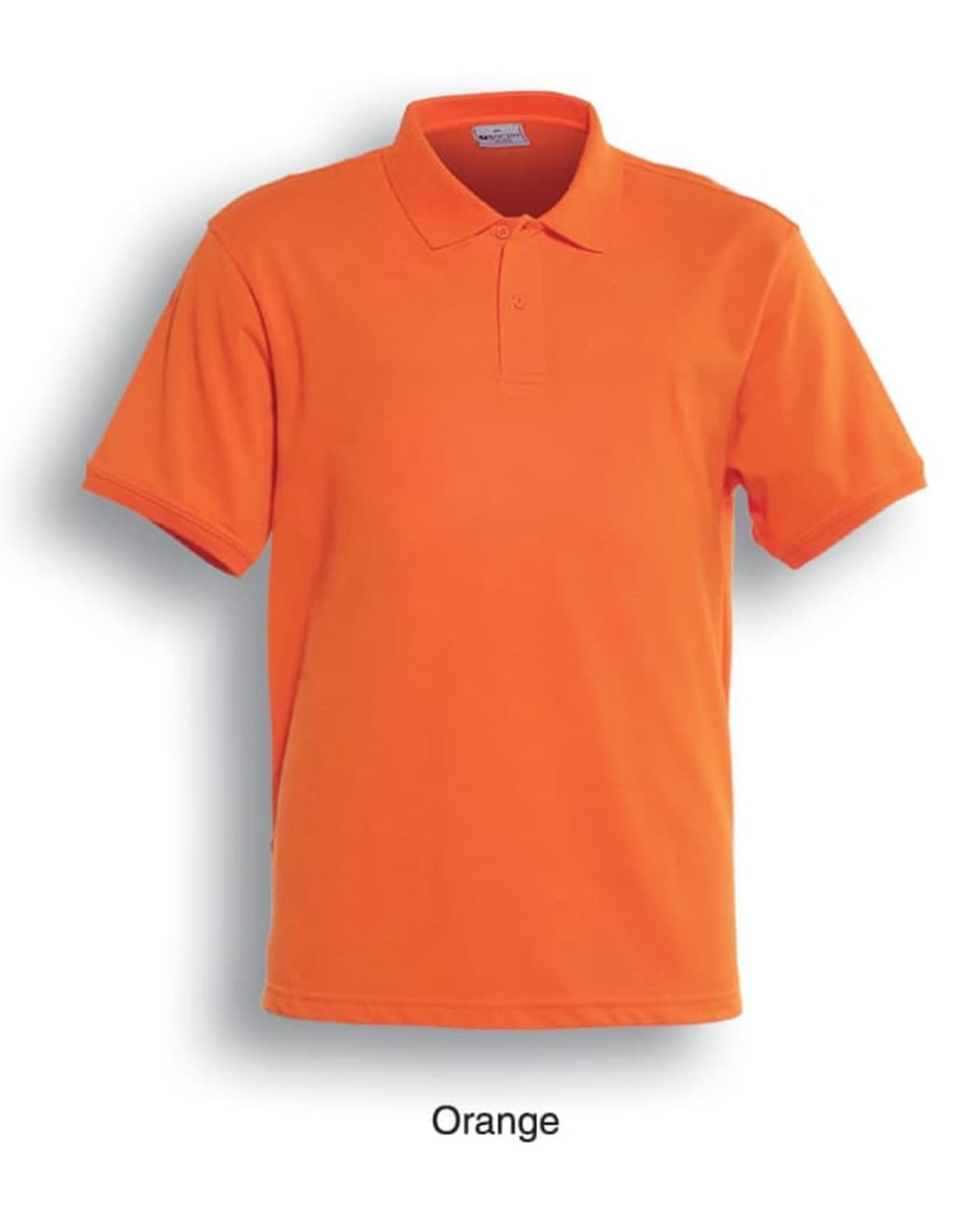 An orange men's classic polo shirt with a collar, short sleeves, and a logo.