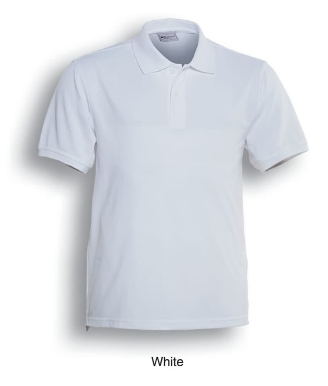 A white men's classic polo shirt with a collared neckline and short sleeves, featuring a logo on the chest.