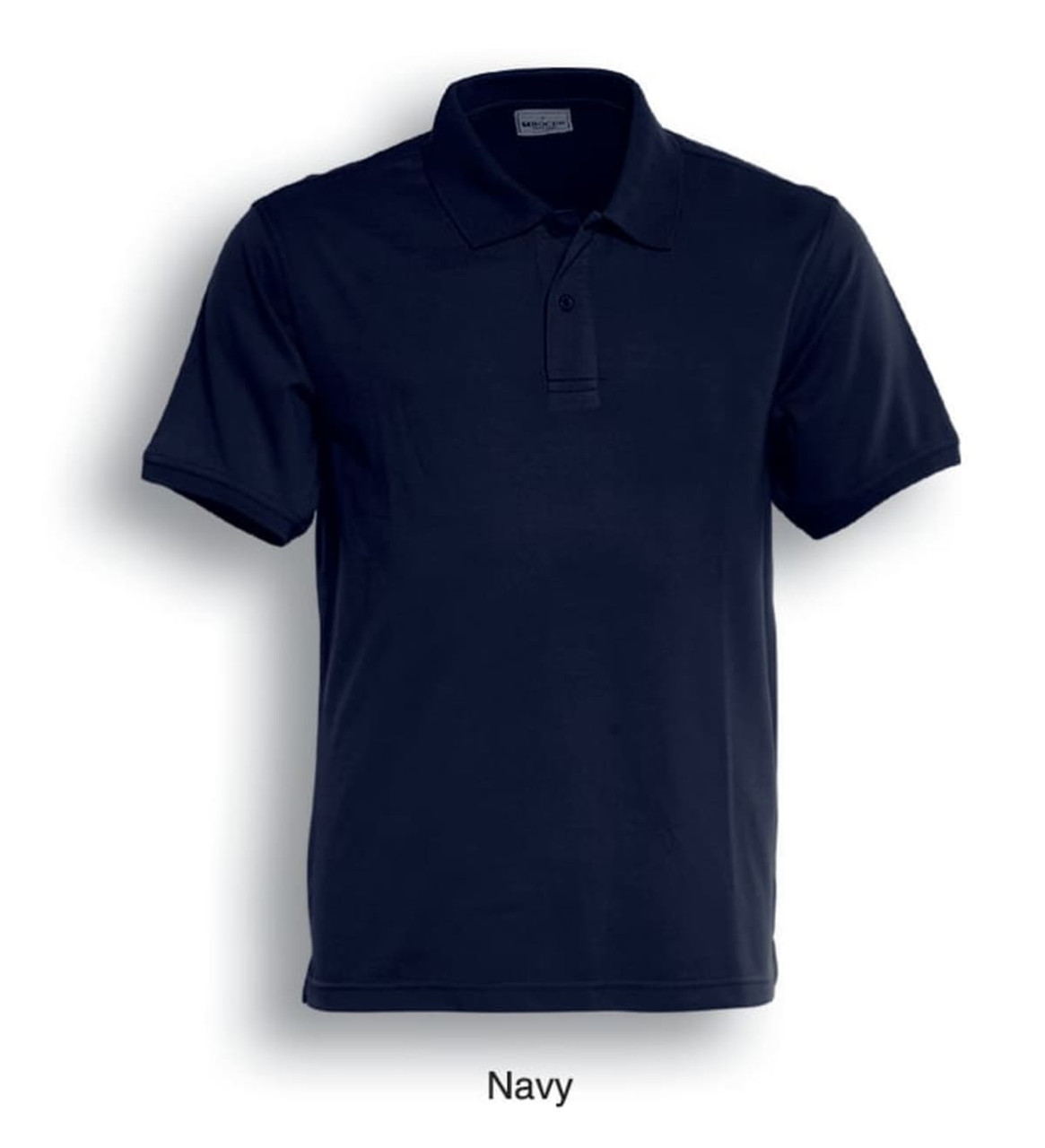 A navy polo shirt with short sleeves and a collar, featuring a logo on the chest.