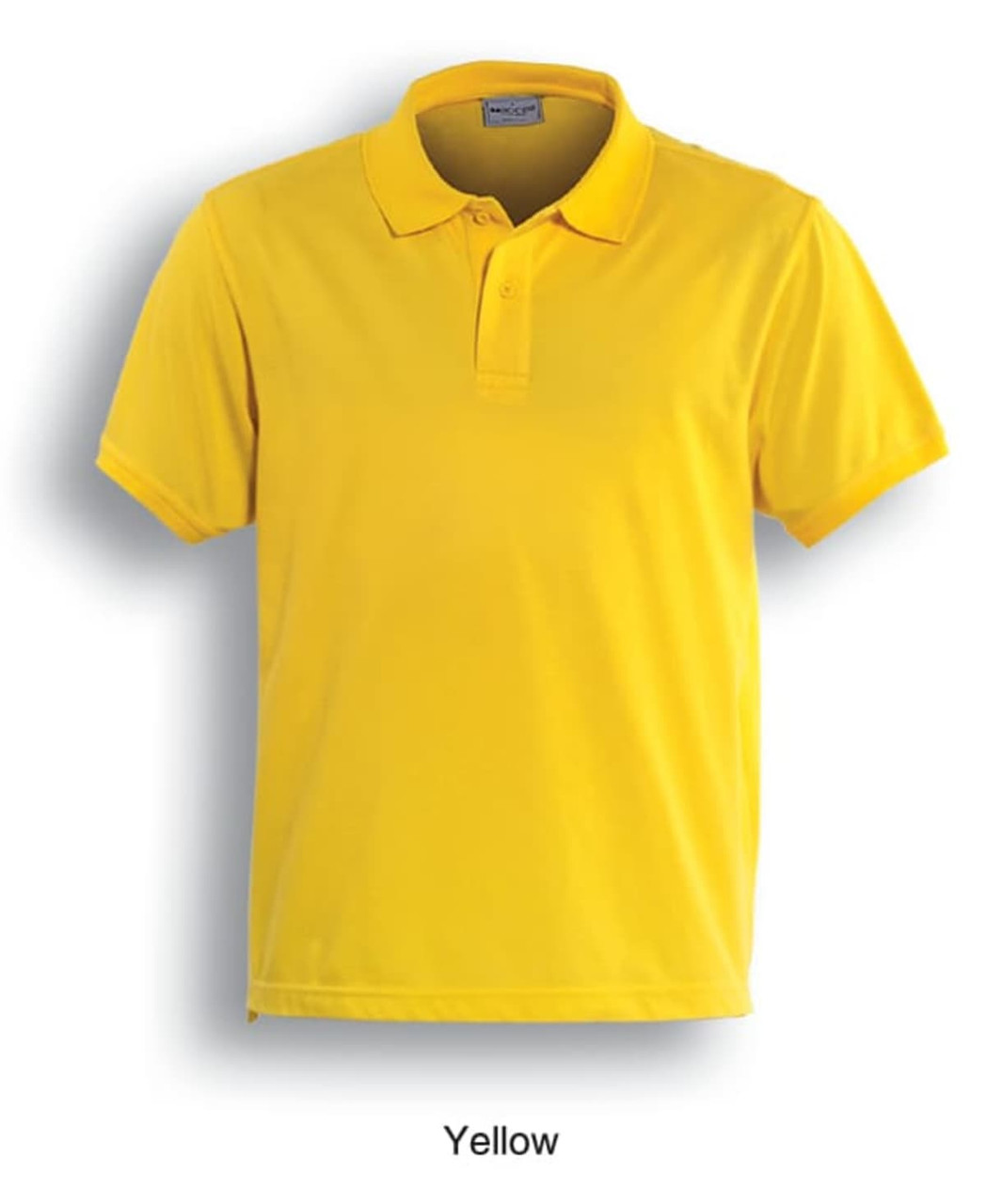 A bright yellow ladies' classic polo shirt with a collar and buttons, featuring a logo.