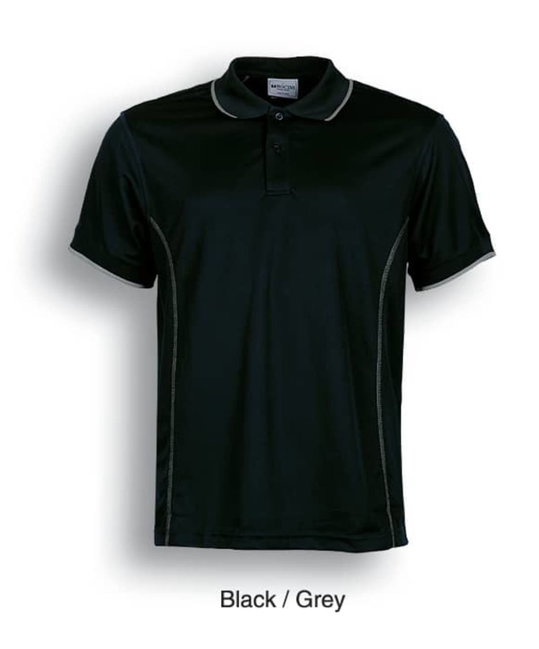 A black and grey men's short sleeve polo shirt with a logo and contrasting trim details.