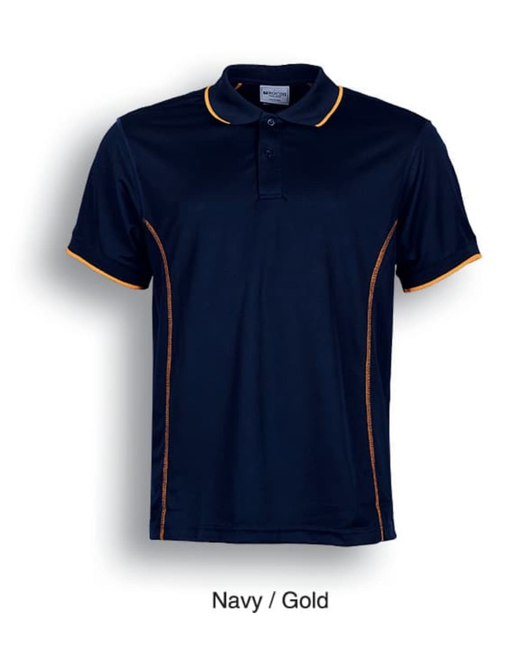 Navy short sleeve polo shirt featuring gold accents and a logo on the chest.