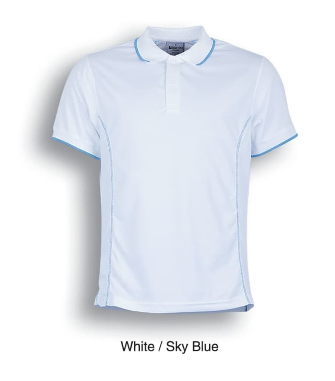 A short sleeve polo shirt in white and sky blue, featuring a logo on the chest.