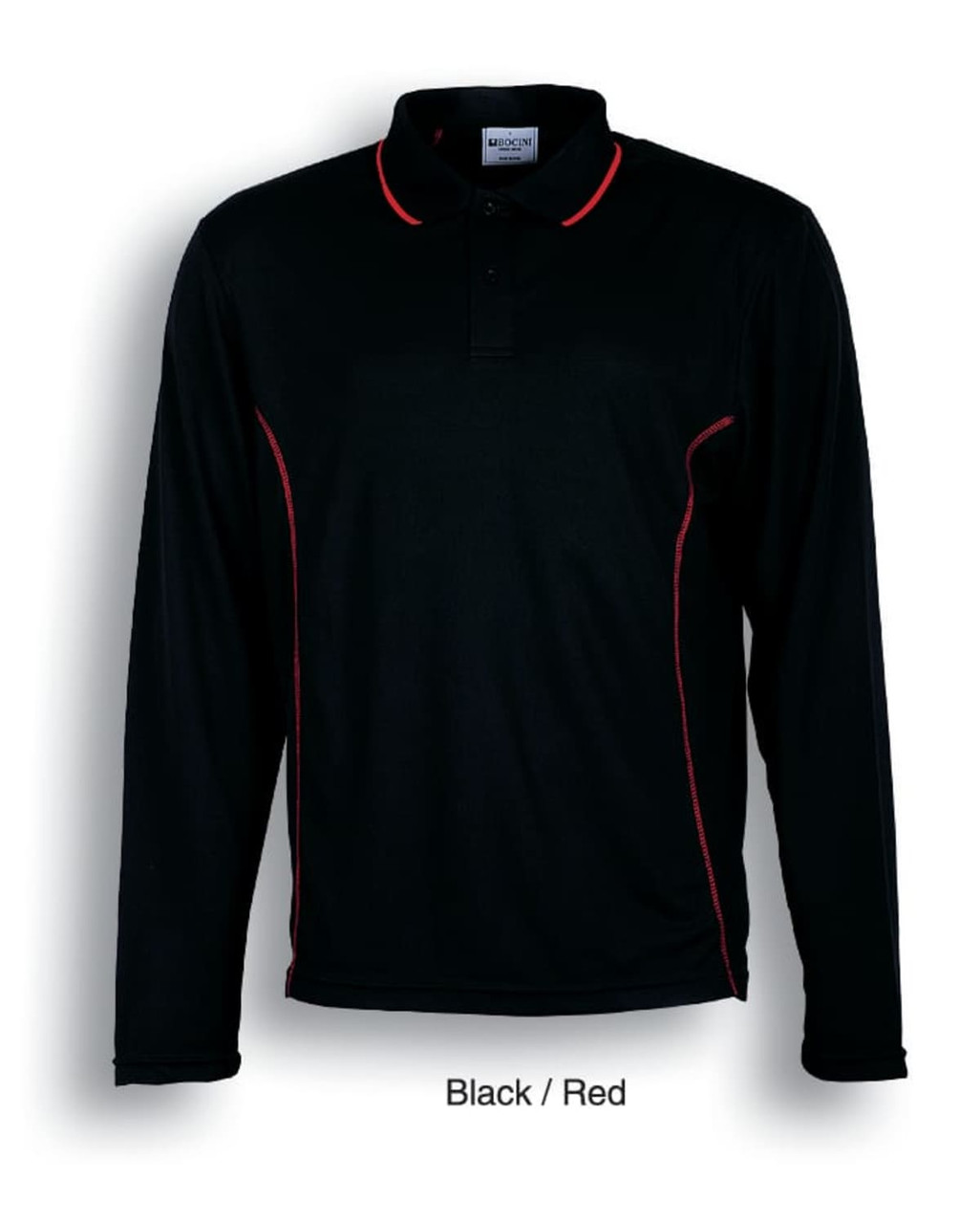 A black long sleeve polo shirt with red accents and a logo on the chest.
