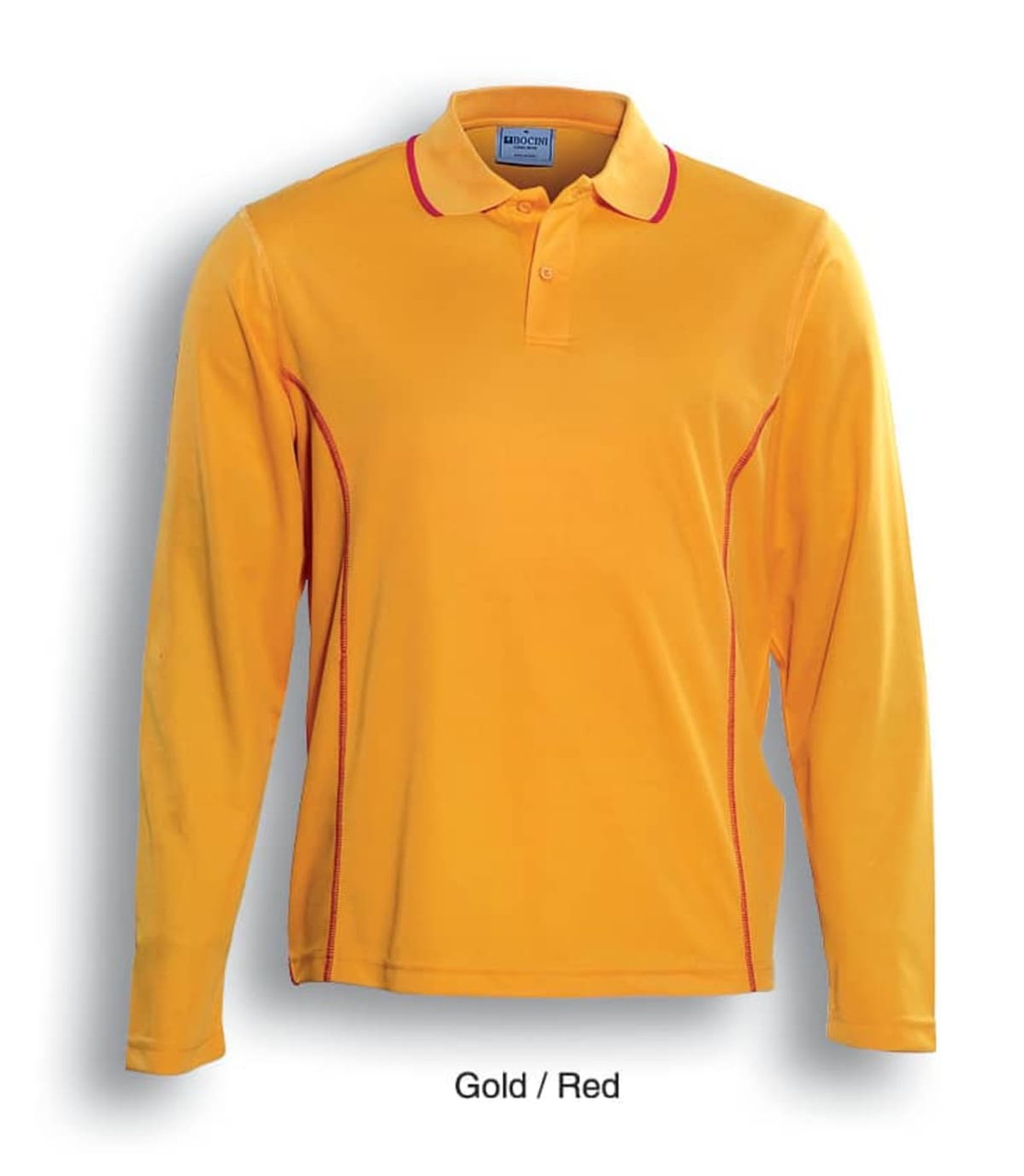 A unisex long sleeve polo shirt in gold with red detailing and a logo.