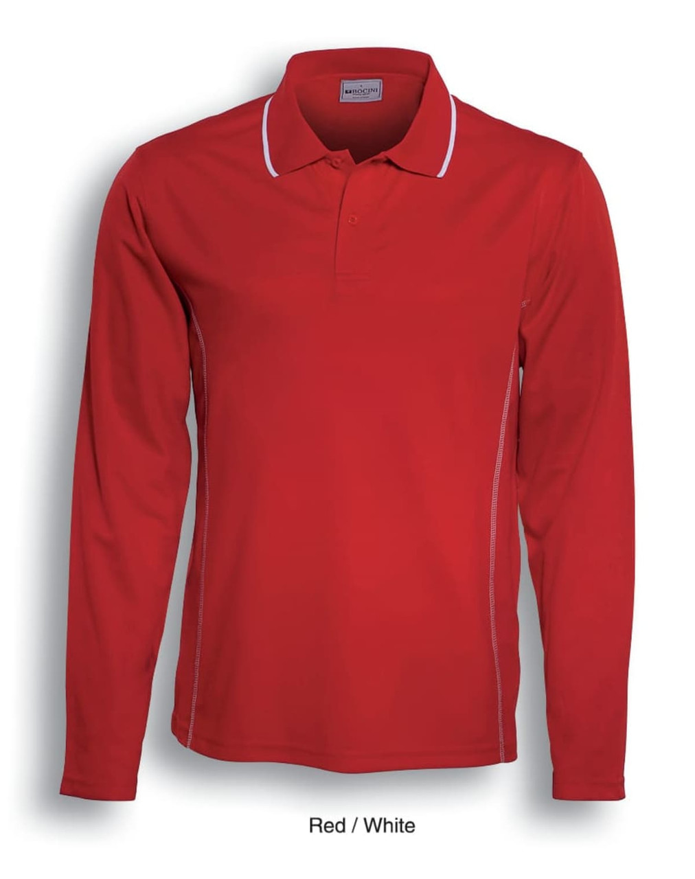 A long sleeve polo shirt in red with white accents and a collar. Includes a logo on the chest.