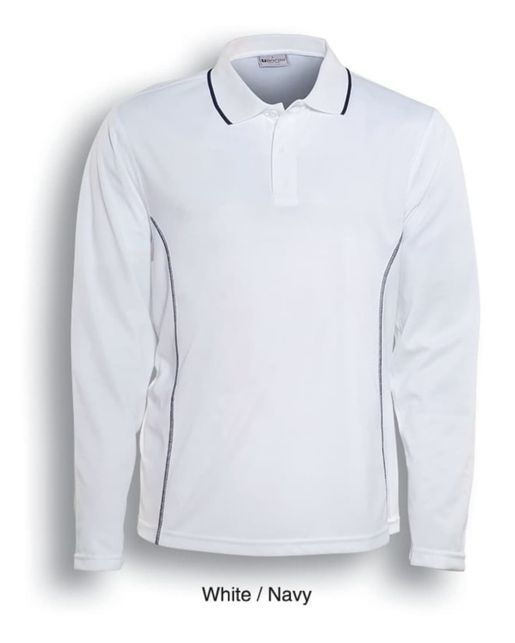 A long sleeve polo shirt in white with navy accents and a logo. Suitable for unisex adults.