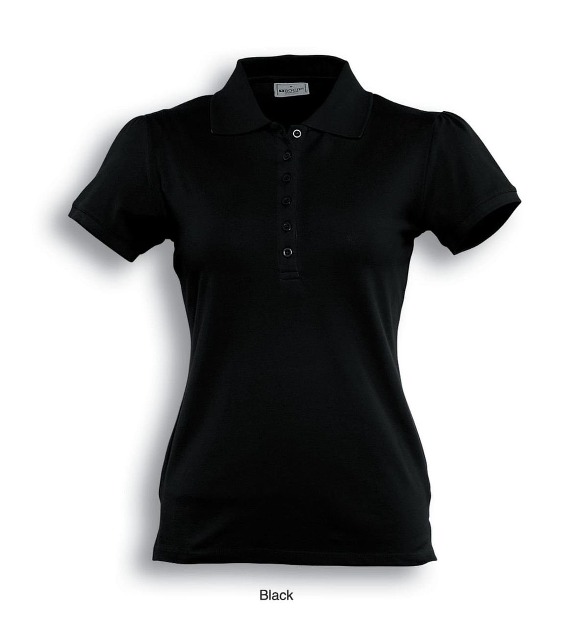 A black ladies' polo shirt featuring a collared neck and short sleeves, with a logo on the chest.
