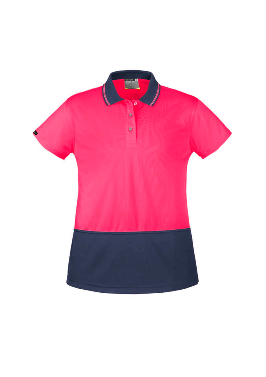 A women's short sleeve polo shirt in bright pink with a navy blue lower section and a collar, featuring a logo.