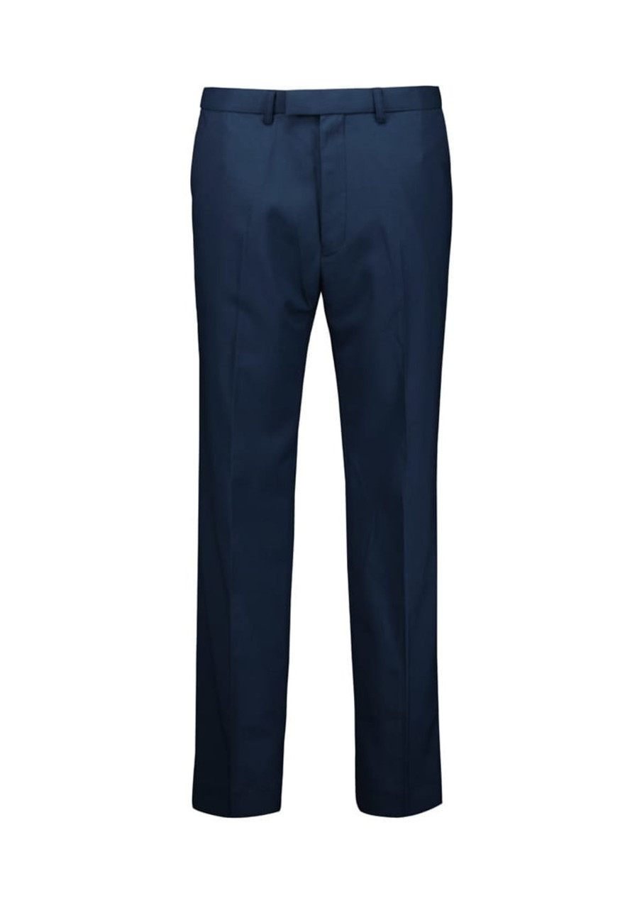 Navy straight leg pants with an adjustable waist, featuring a logo. Suitable as formal slacks for various occasions.