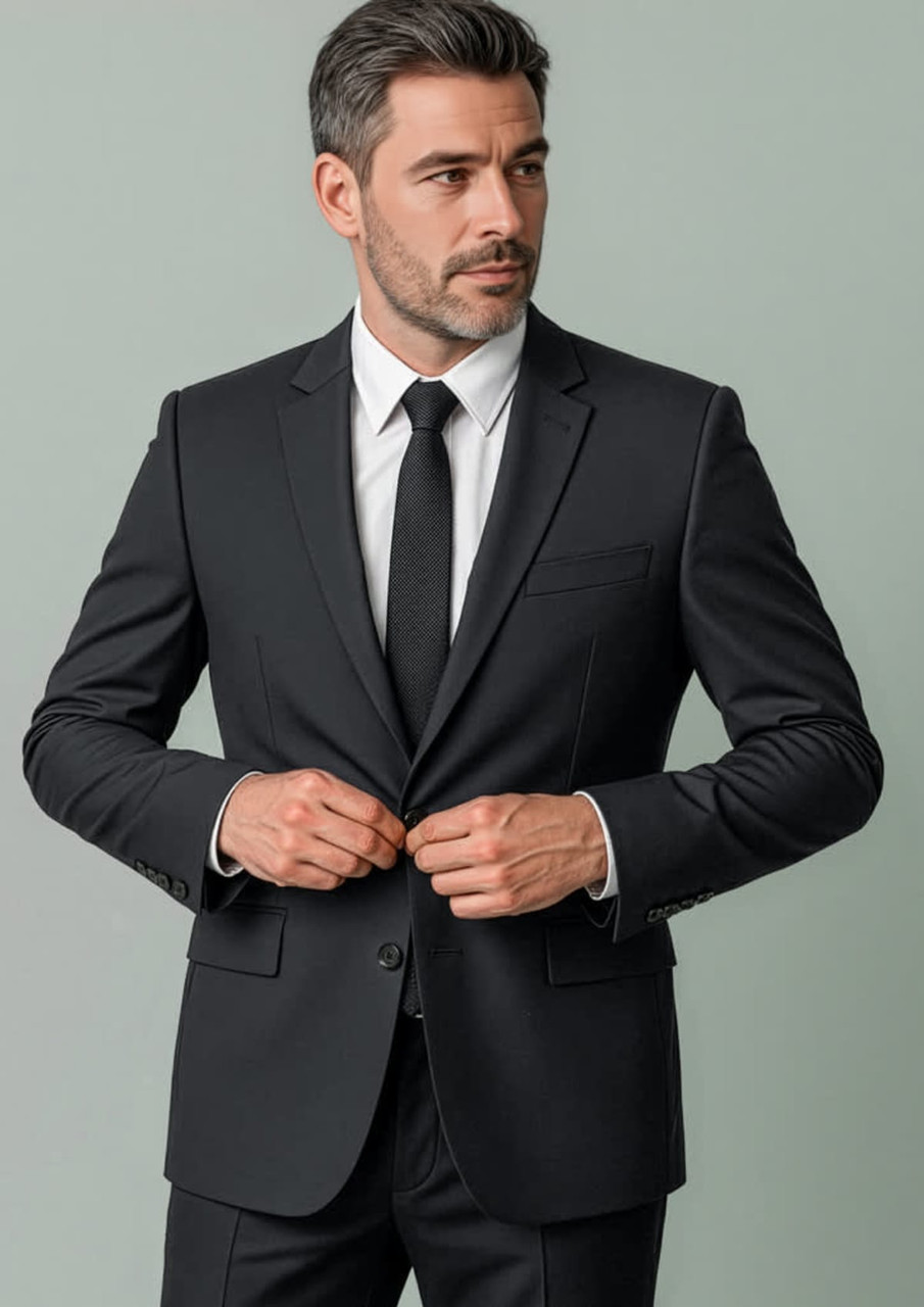 A fitted black suit jacket with a single button, paired with a white dress shirt and black tie, featuring a logo.