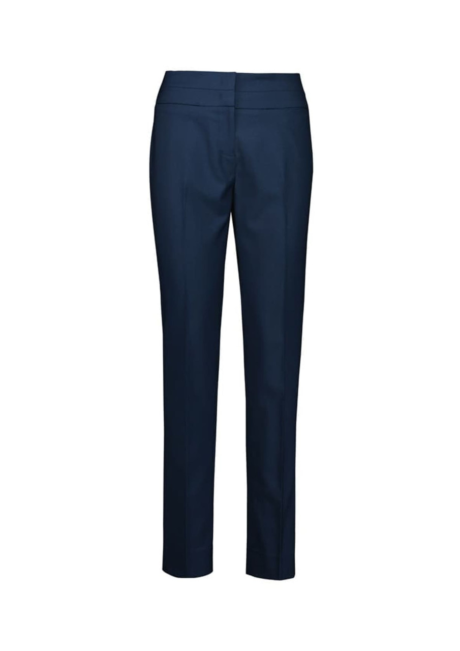 A pair of navy mid-waist slim leg pants with a tailored fit, featuring a logo.