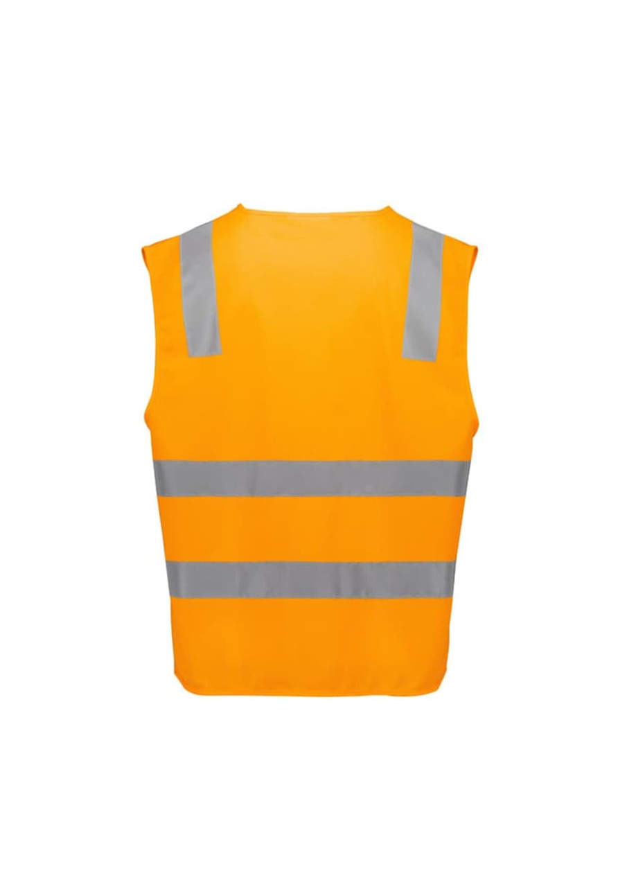 A unisex high visibility vest in bright orange with reflective silver stripes and a logo. Suitable for safety wear.