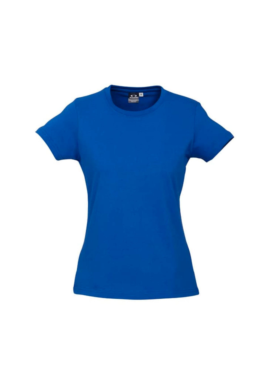A blue women's short sleeve tee shirt featuring a logo on the front.