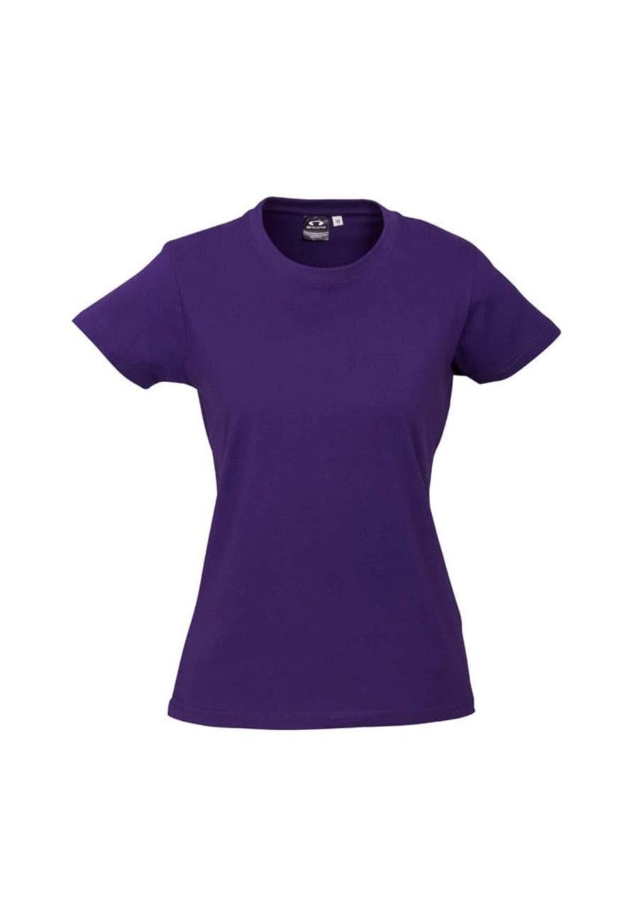 A purple women's short sleeve tee with a fitted style and a logo on the label.