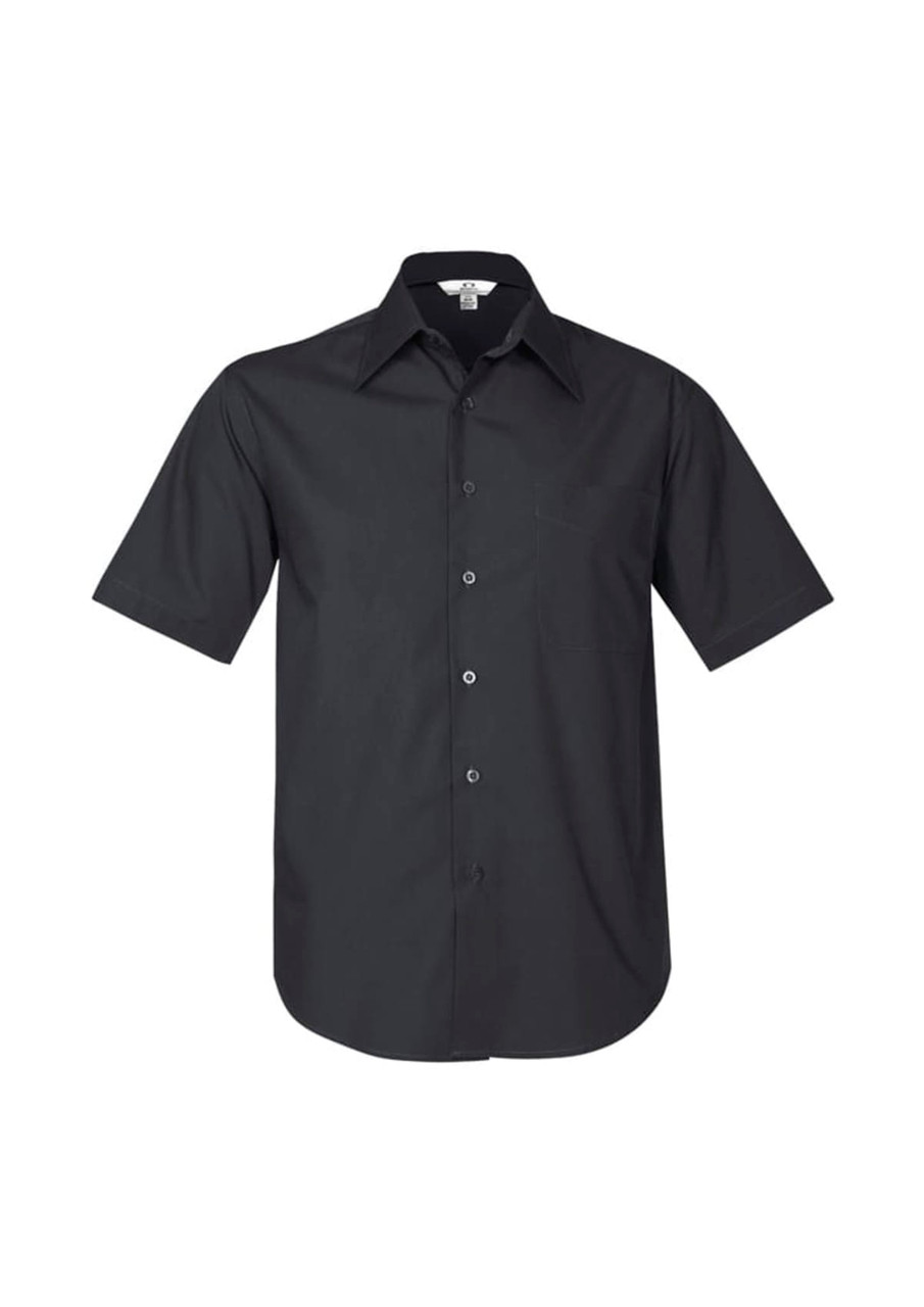 A black short sleeve button-up shirt featuring a front pocket and a logo on the label.