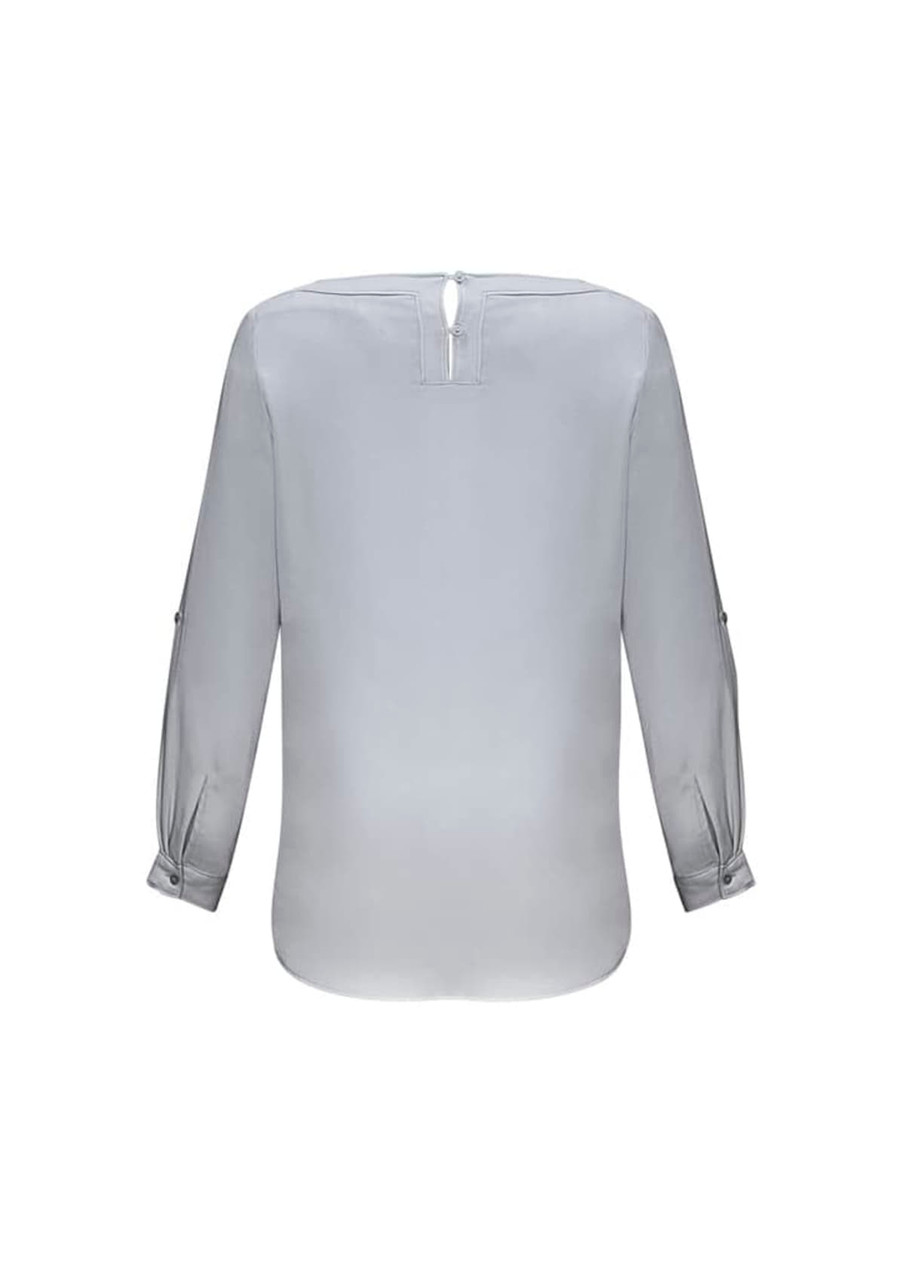 A light grey women's Madison boatneck top with long sleeves and button details at the cuffs. It has a back closure.