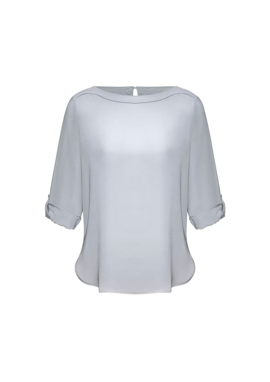 A light grey boatneck top with three-quarter sleeves and roll-up detail. The top has a subtle sheen and a back keyhole closure.