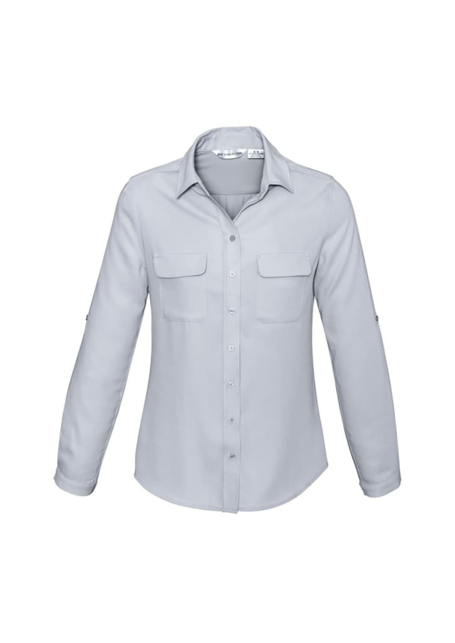 A light grey women's long sleeve button-up shirt with two chest pockets and roll-up sleeve tabs.