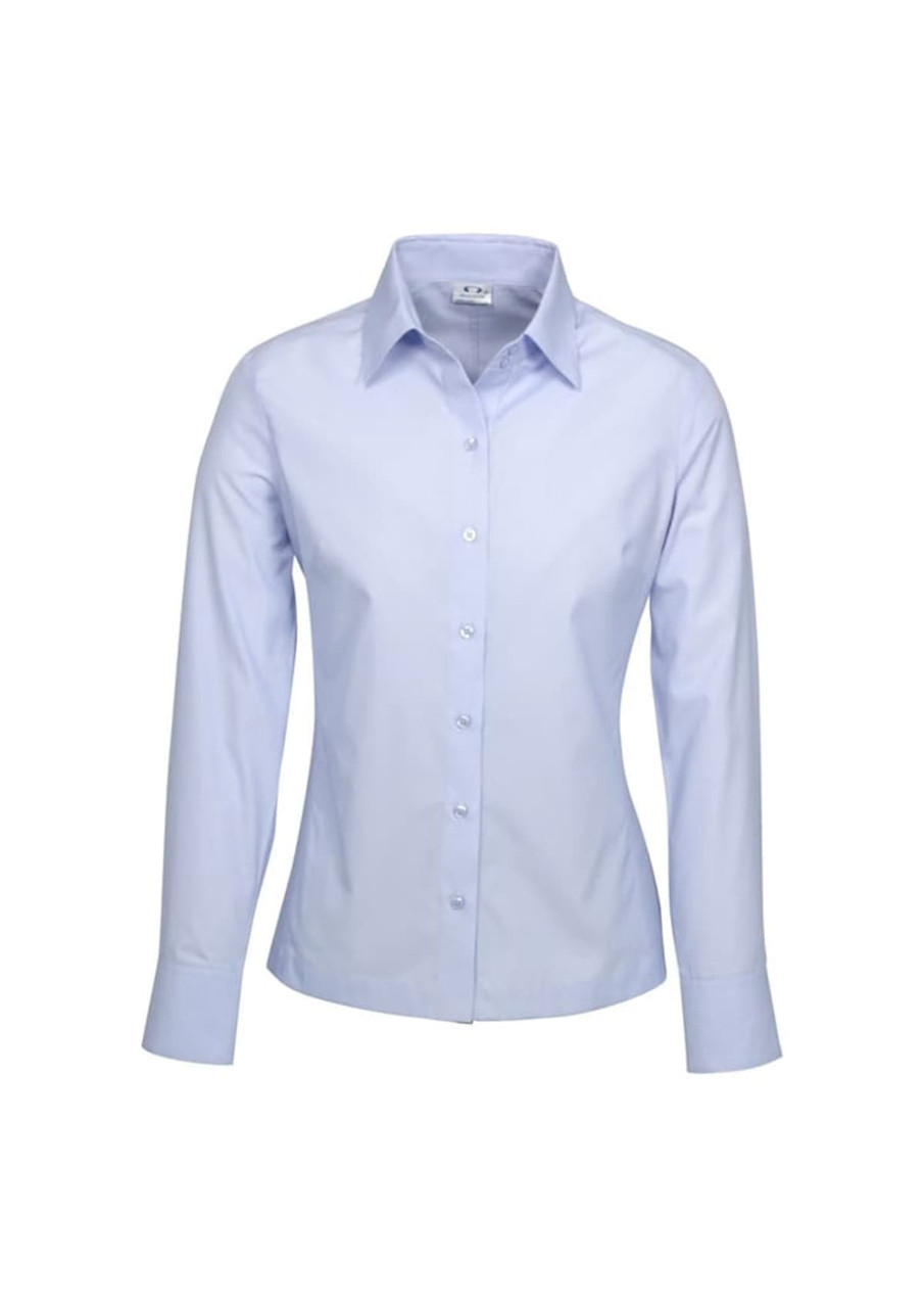 A light blue button-up shirt with long sleeves and a collar, featuring a logo on the front.