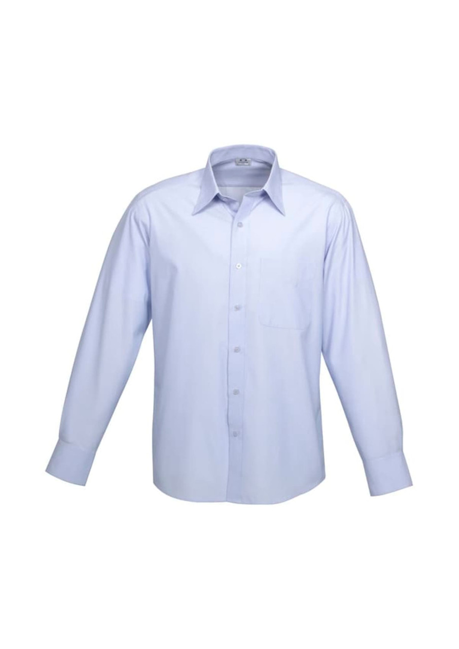 A light blue long sleeve button-up shirt with a chest pocket and collar, featuring a logo.