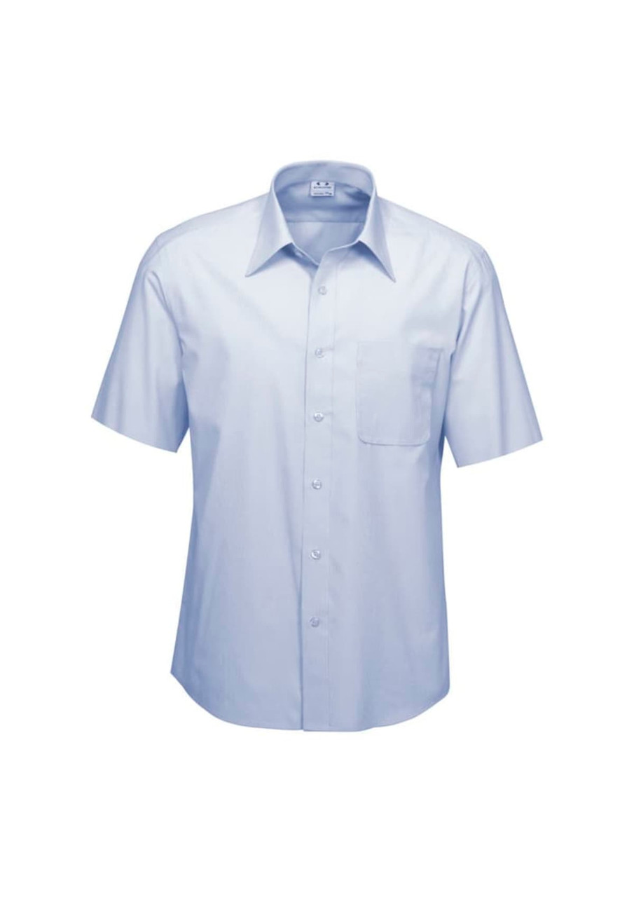 A light blue short sleeve button-up shirt with a pocket and a logo on the chest.