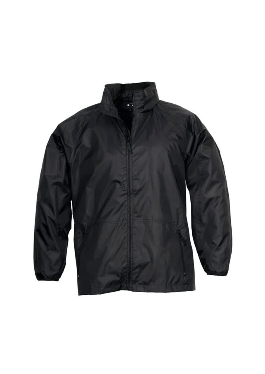 A black unisex rain jacket with a zip front and elastic cuffs. The jacket features a branding logo.