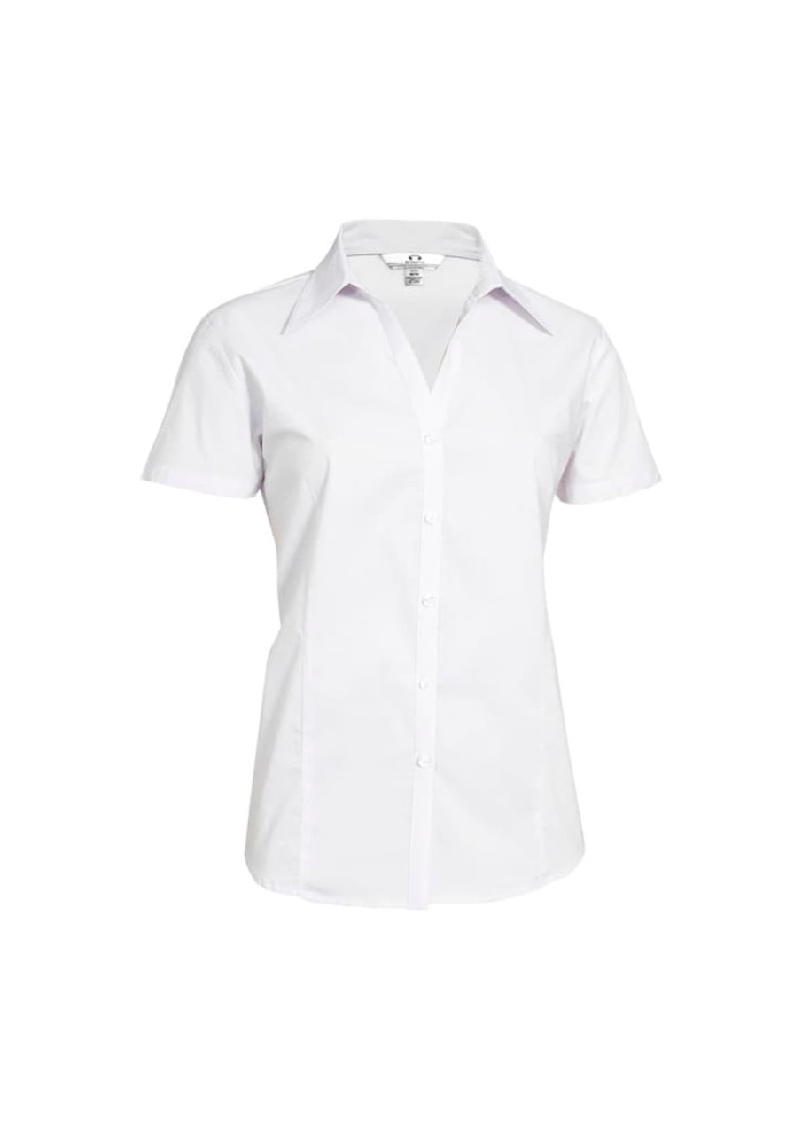 A white short sleeve button-up shirt for women, featuring a classic collar and a logo on the chest.