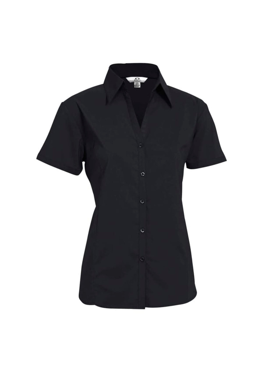A black women's short sleeve button-up shirt featuring a collared neckline and a fitted design.