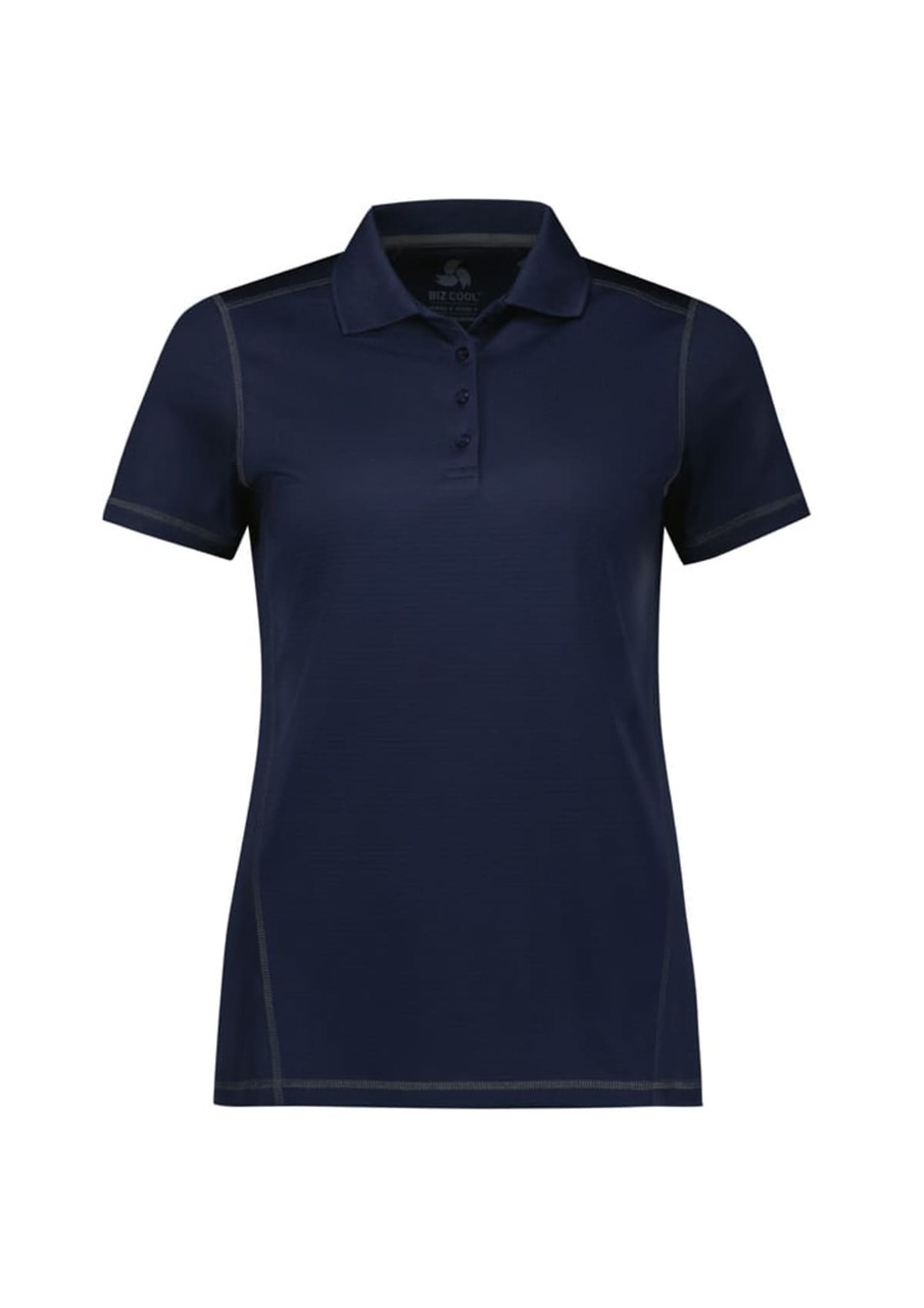 A women's short sleeve polo shirt in navy blue with a subtle textured pattern and a logo.