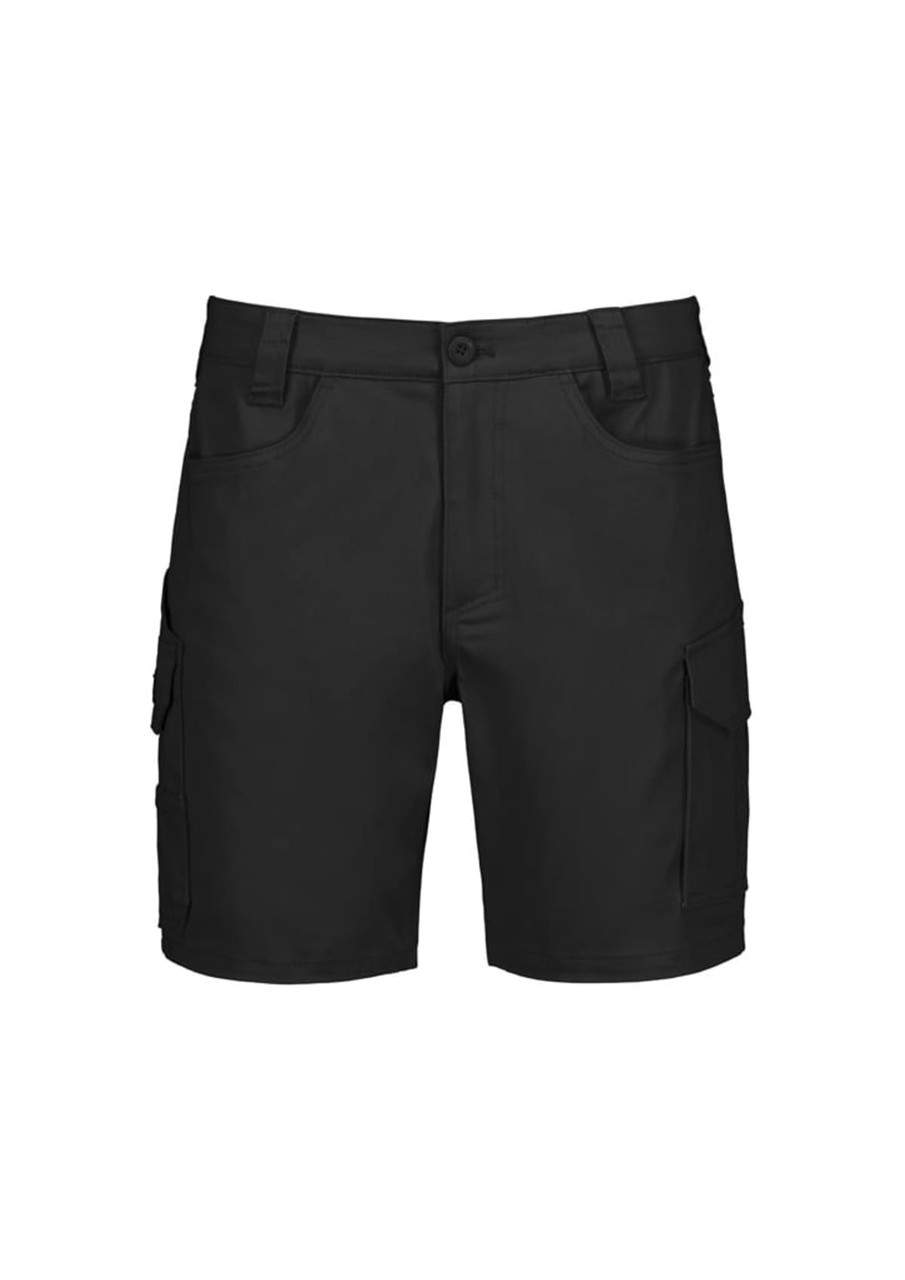 Men's essential stretch cargo shorts in black, featuring multiple pockets and a fitted design. Includes a branding logo.