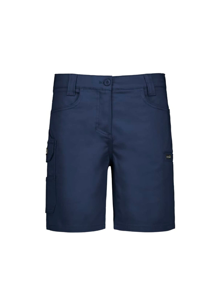 Navy women's essential stretch cargo shorts with side pockets and a logo. Suitable for casual wear.