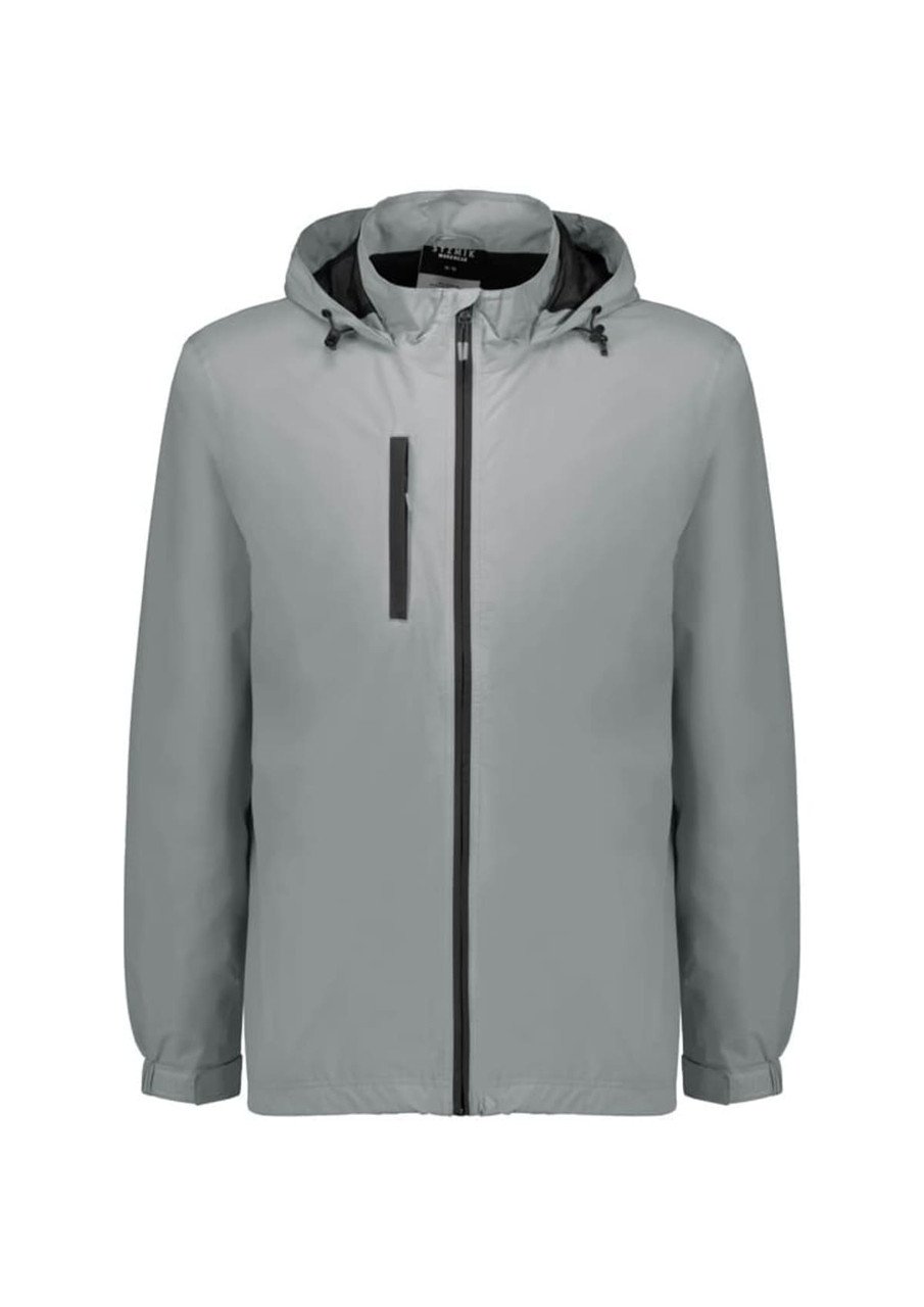 A light grey unisex packable rain jacket with a hood and front zipper, featuring a logo.
