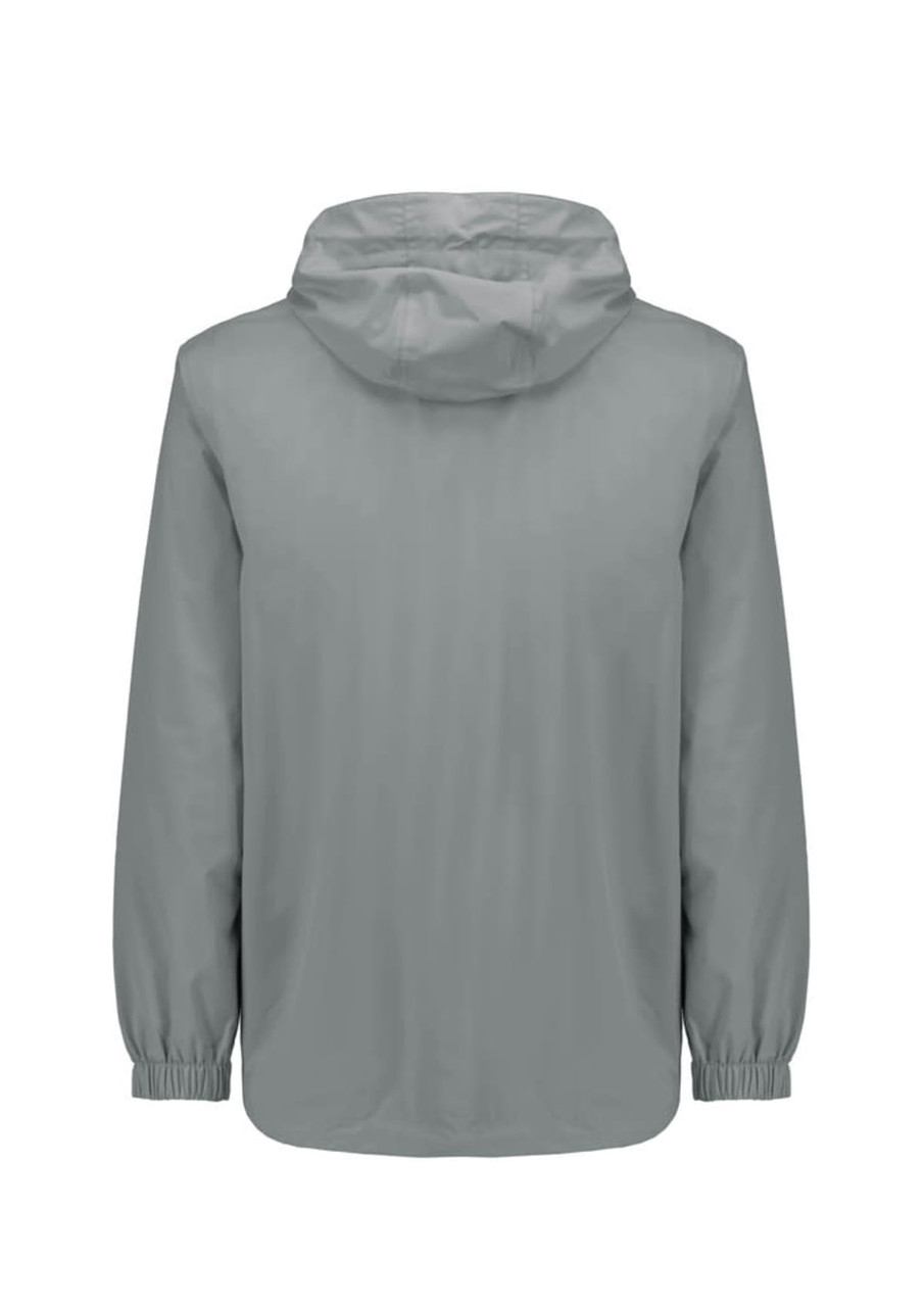 A light grey unisex packable rain jacket with a hood and elastic cuffs, featuring a logo on the back.