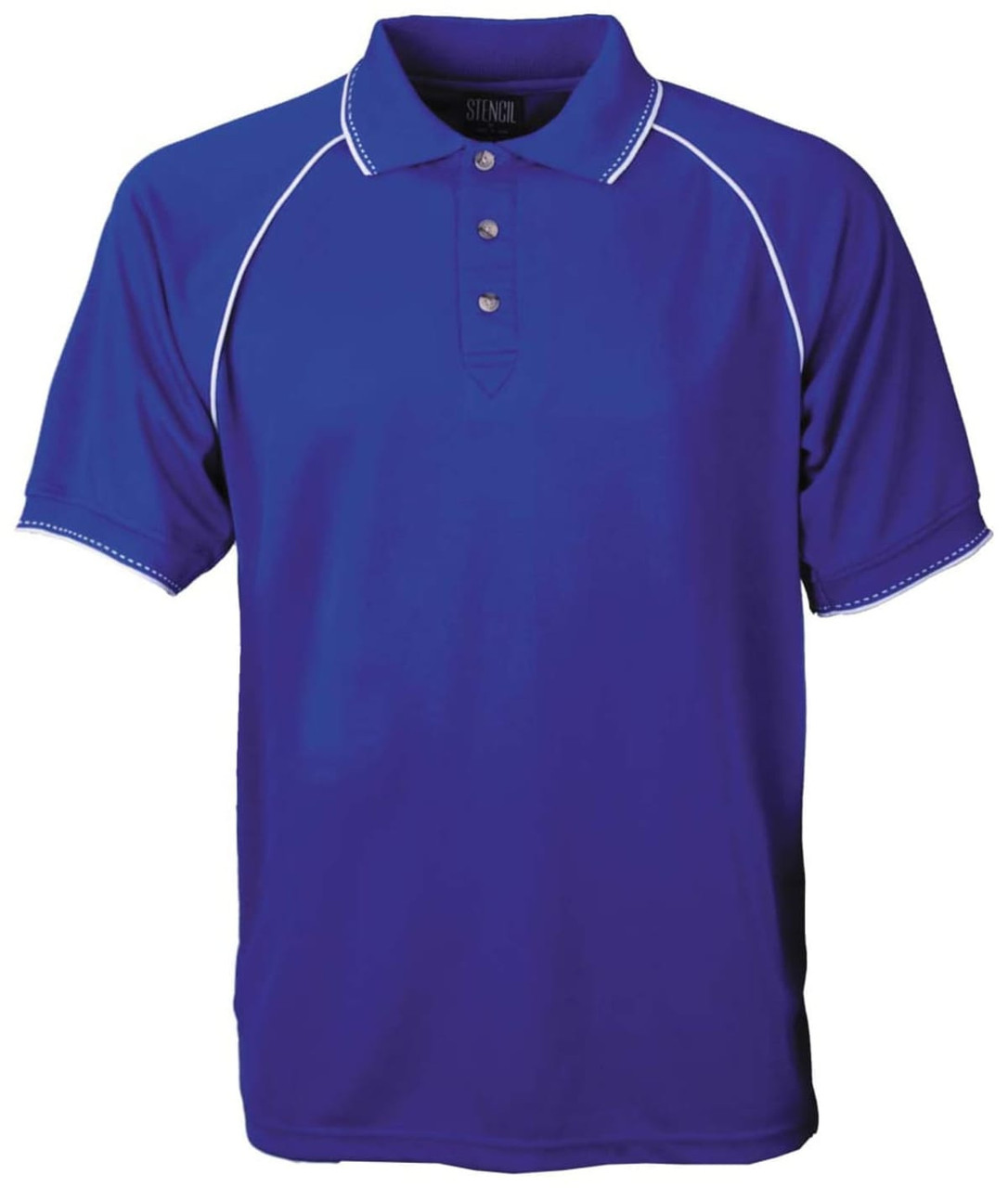 A blue polo shirt with a collar, three buttons, and decorative white stitching. It features a logo on the label.