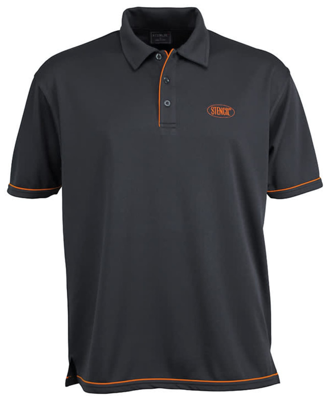 A dark grey polo shirt featuring orange piping and a small logo on the chest.