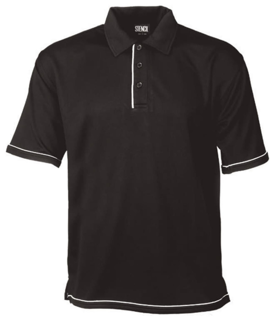 A black polo shirt with contrasting white trim and a logo on the collar, featuring a three-button placket.