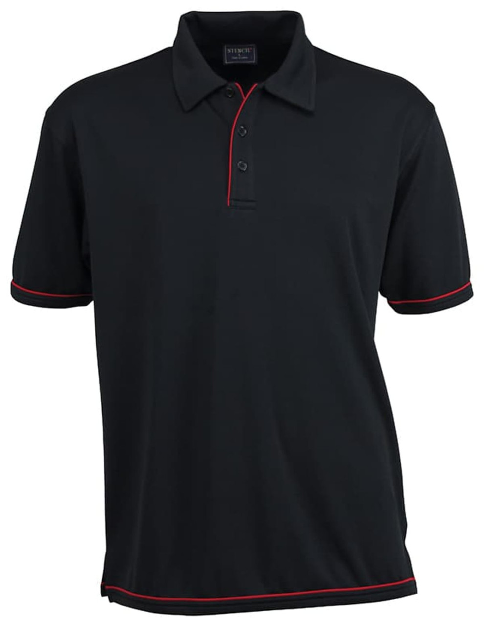 A black polo shirt with red piping, featuring a collar and three-button placket, has a logo on the chest.