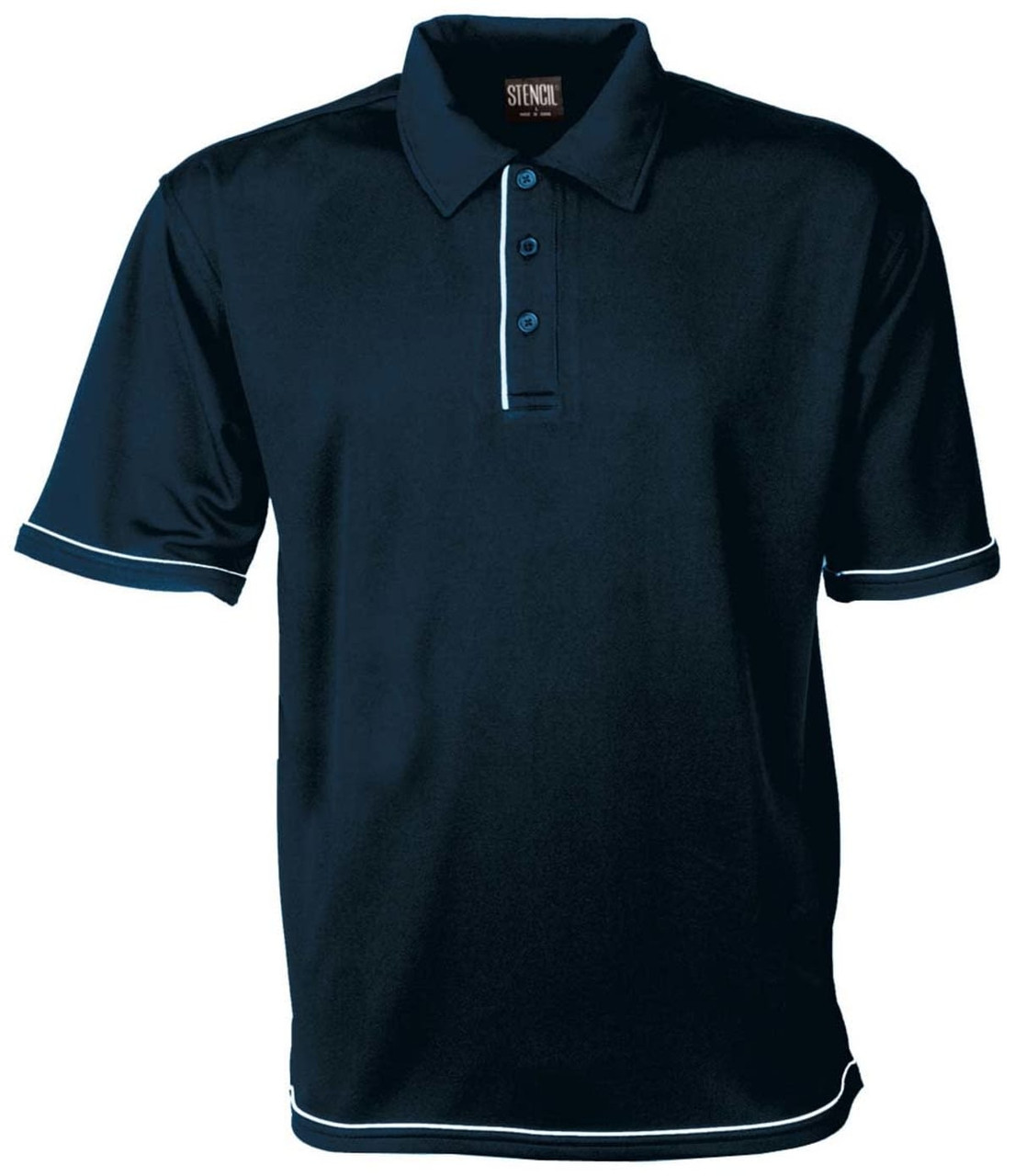 A navy blue men's polo shirt featuring a three-button placket and contrasting trim. Includes a logo on the collar.