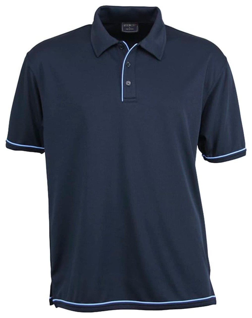 A navy blue polo shirt featuring a collar, a partial button placket, and contrasting trim. It includes a logo.