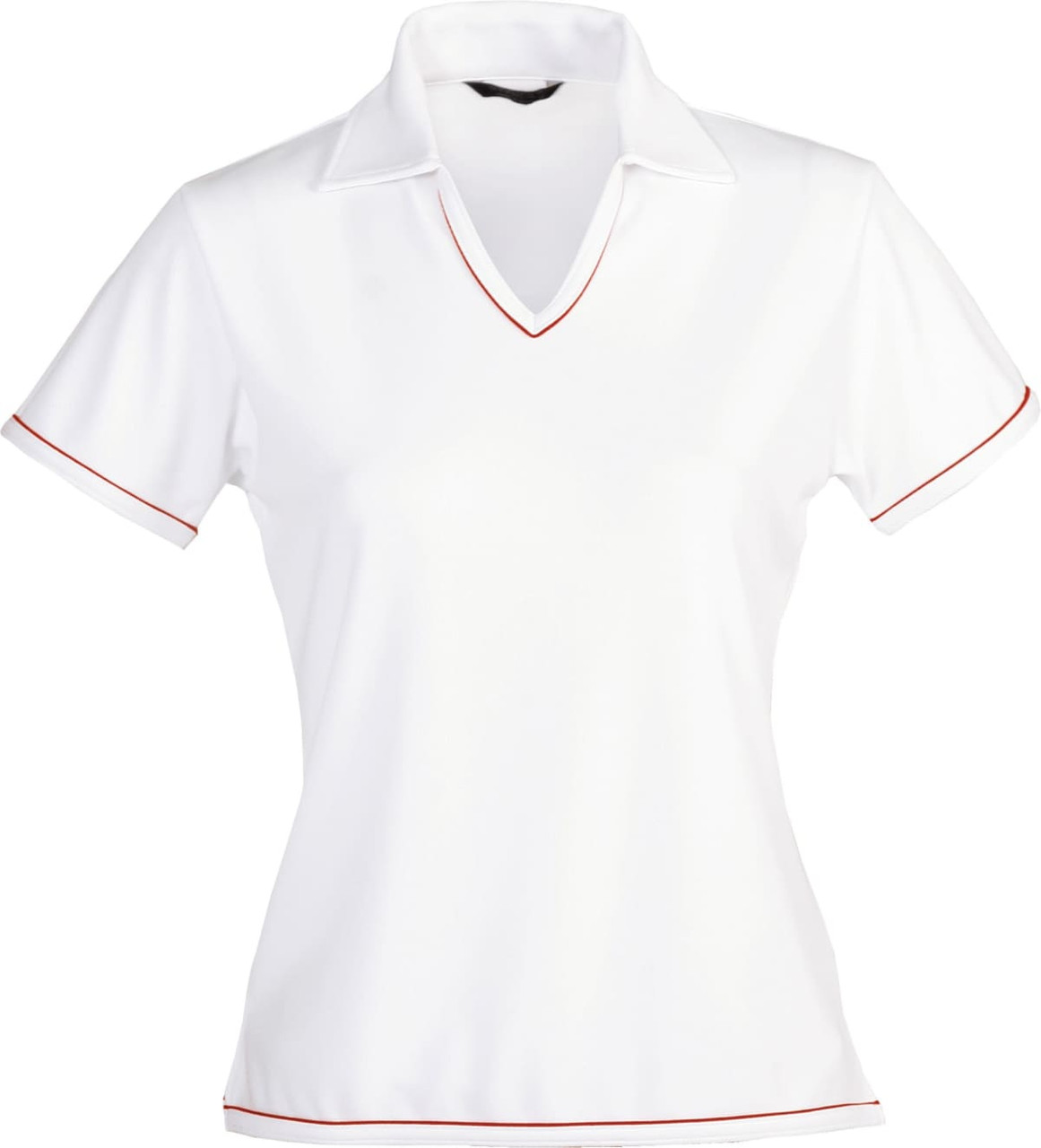 A white ladies' polo shirt featuring a V-neck and red trim, with a logo present.