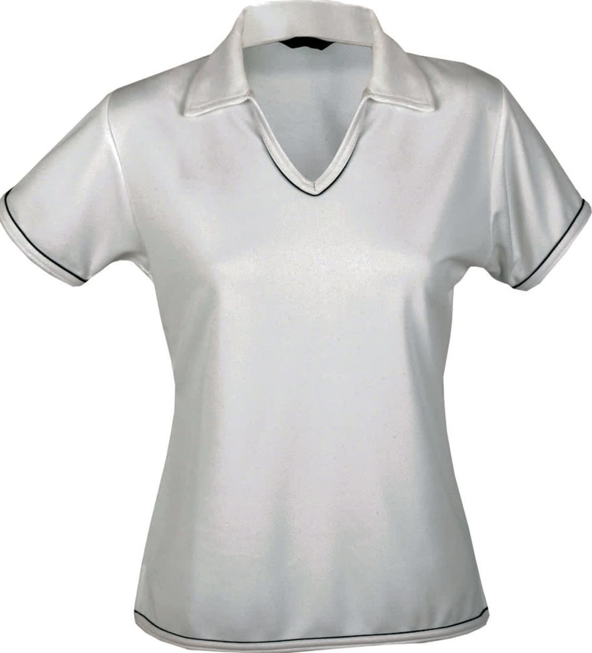 A white ladies' polo shirt with a collar, featuring contrasting piping and a logo.