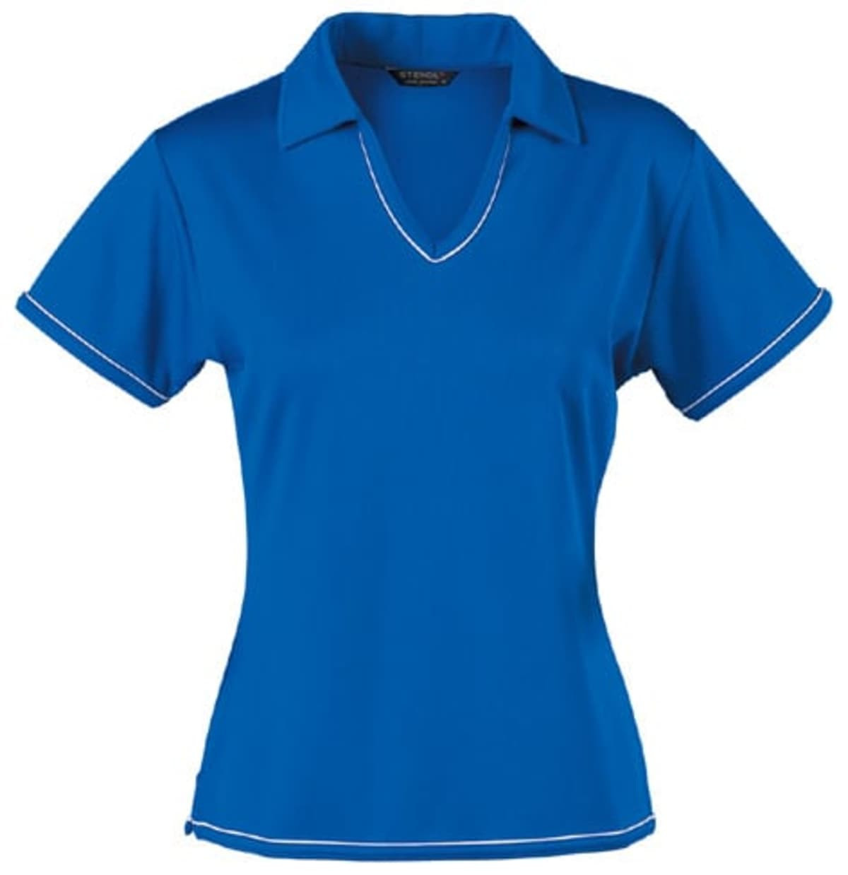 A blue ladies' polo shirt featuring a V-neck collar and contrasting white trim. It has a logo on it.