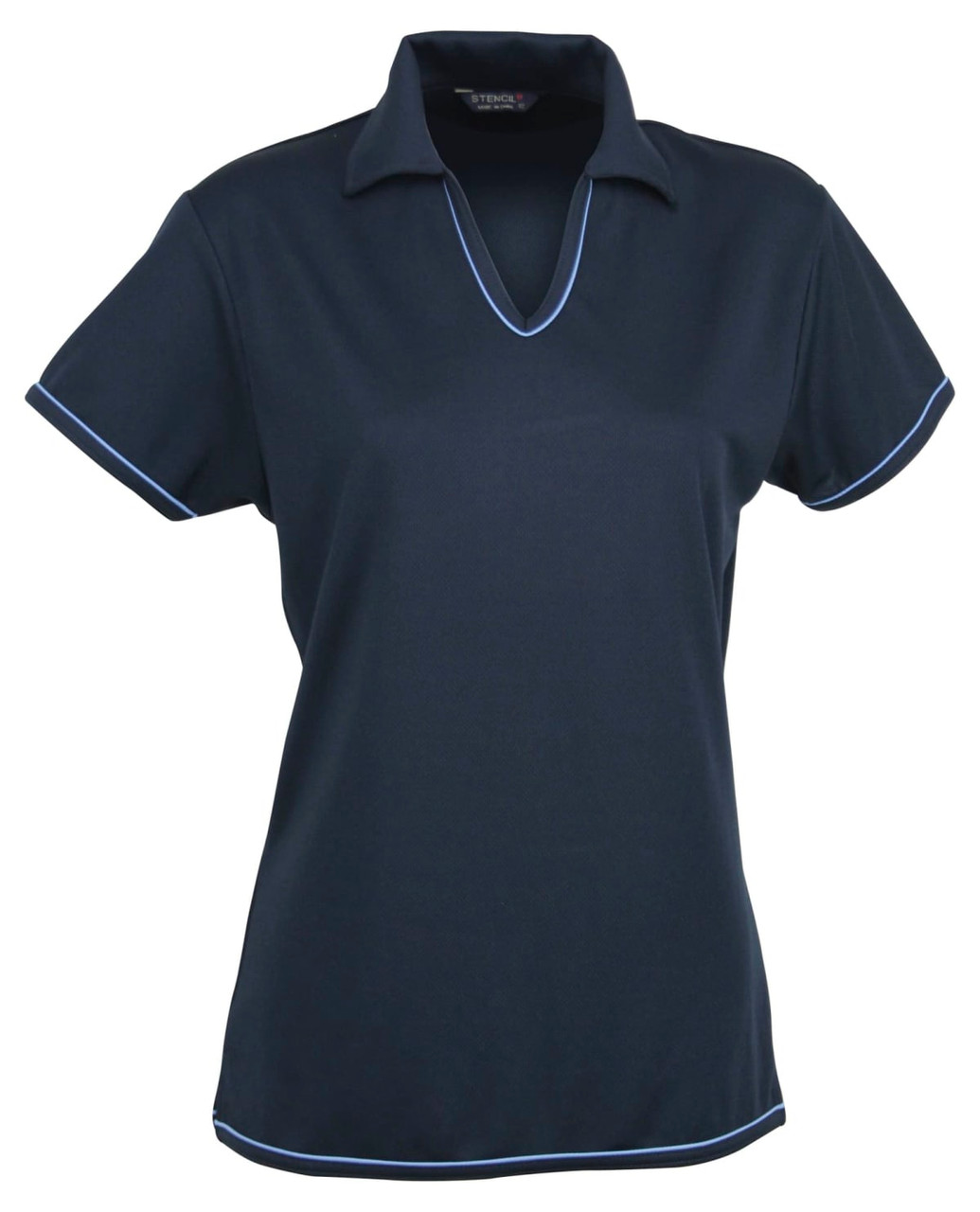 A navy blue ladies’ polo shirt featuring a V-neck and contrasting trim, with a logo.