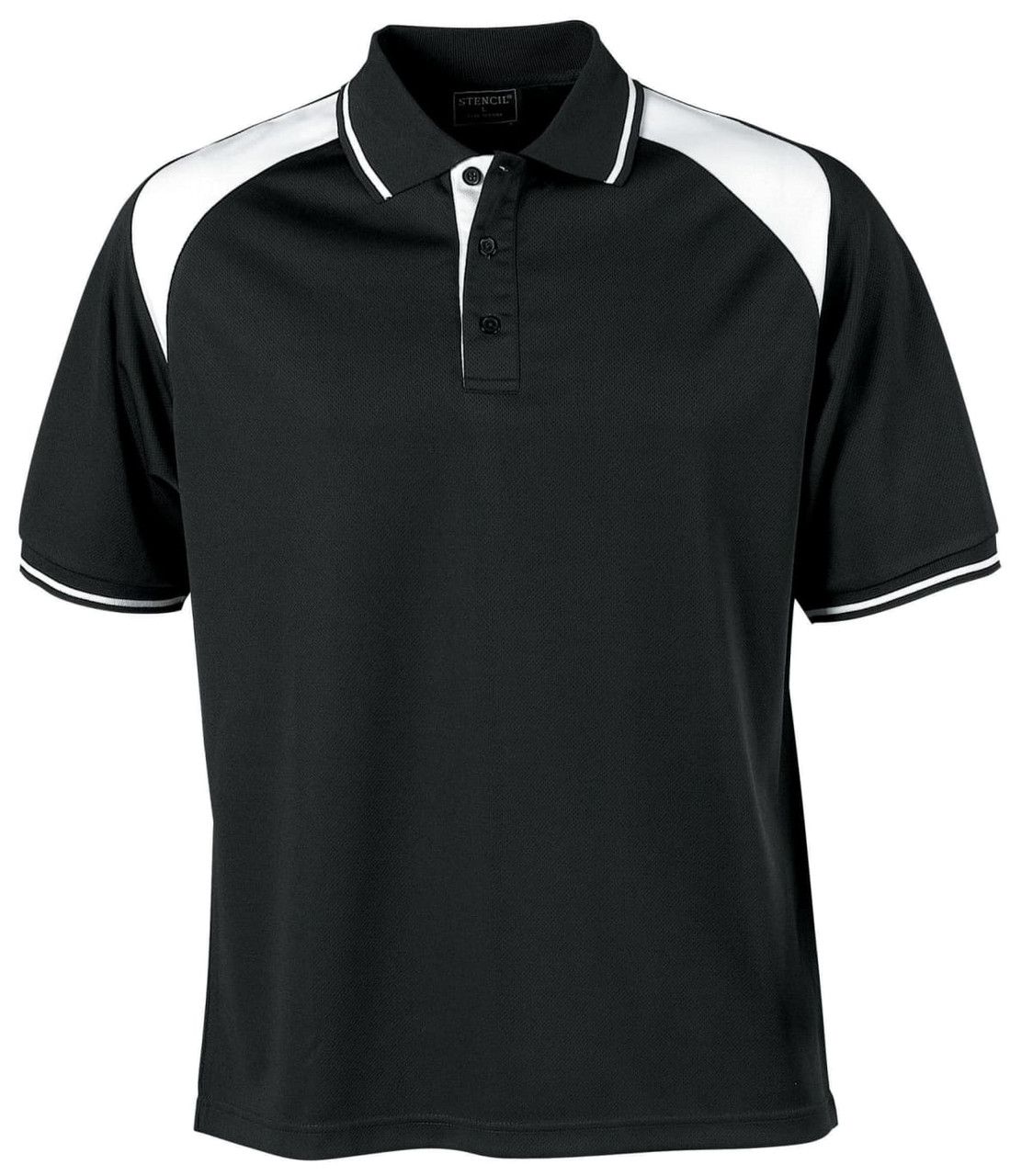 A black polo shirt with white accents and a logo on the chest. It features a classic collar and button placket.