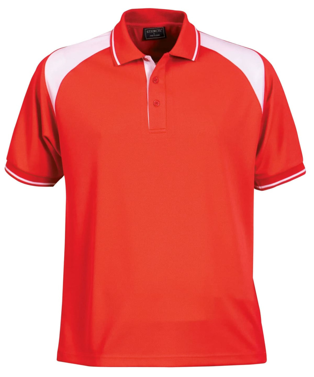 A red polo shirt with white accents and a collar, featuring a logo on the chest area.