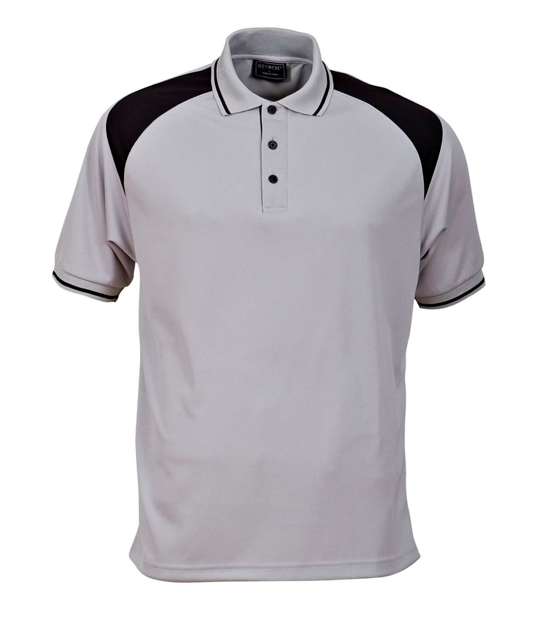 A light grey polo shirt with black accents, featuring a collar and three buttons. It has a logo on the chest area.
