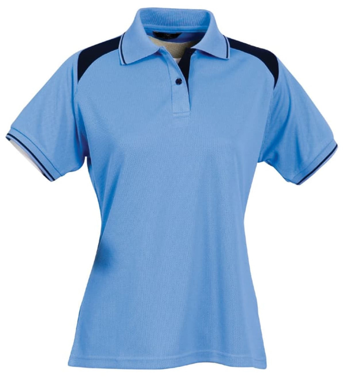 A light blue polo shirt with navy accents and a collar, featuring a logo on the chest.