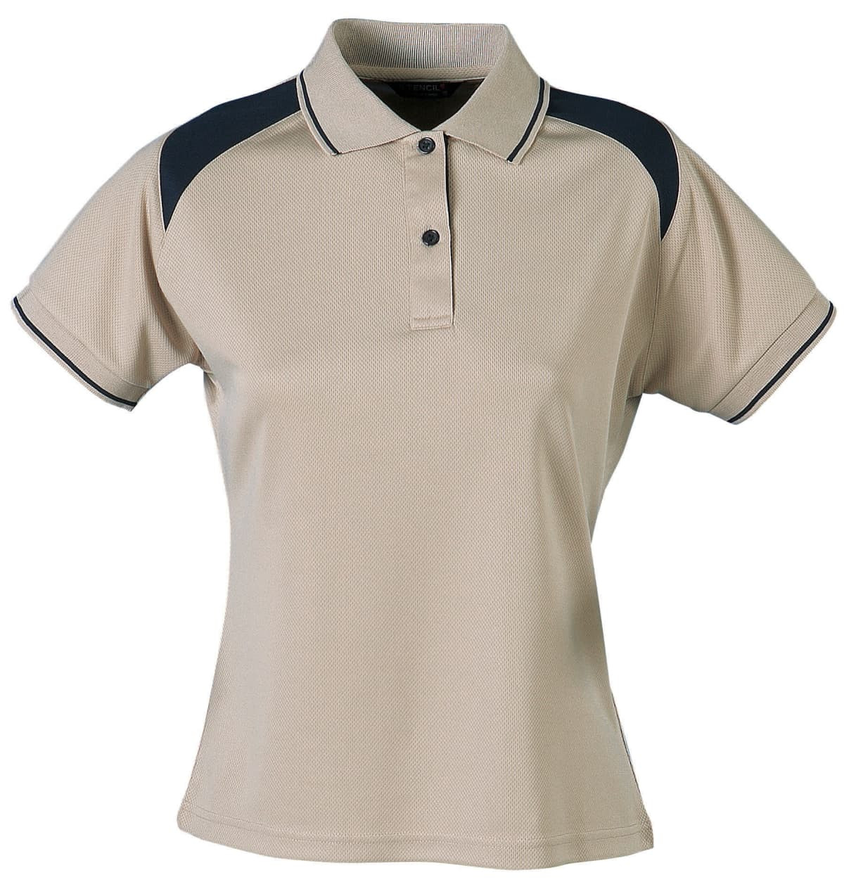 A beige women's polo shirt with black accents and a collar, featuring a logo on the chest area.